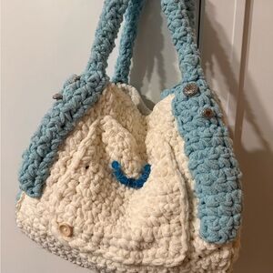 Elegant White and Blue Crochet Shoulder Bag
